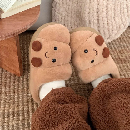Croissant Face Fleece Platform Slippers